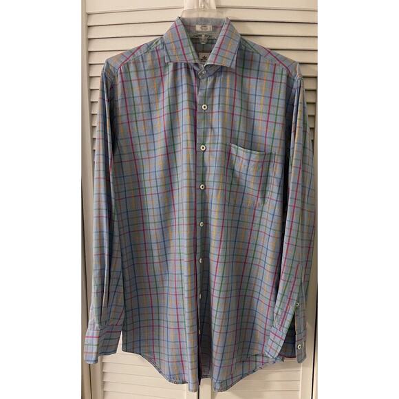 Peter Miller Men's Dress Shirt M Light Blue w/Orange/Red/Green Criss Cross A+ - Picture 2 of 3